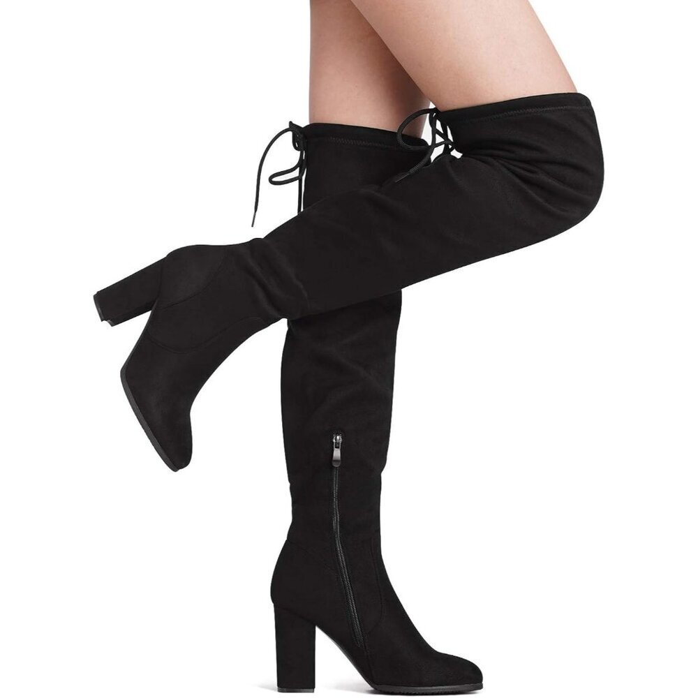 Women's Shoo-black Suede Thigh High Over The Knee Rounded Toe Fashion Boots - Picture 7 of 7